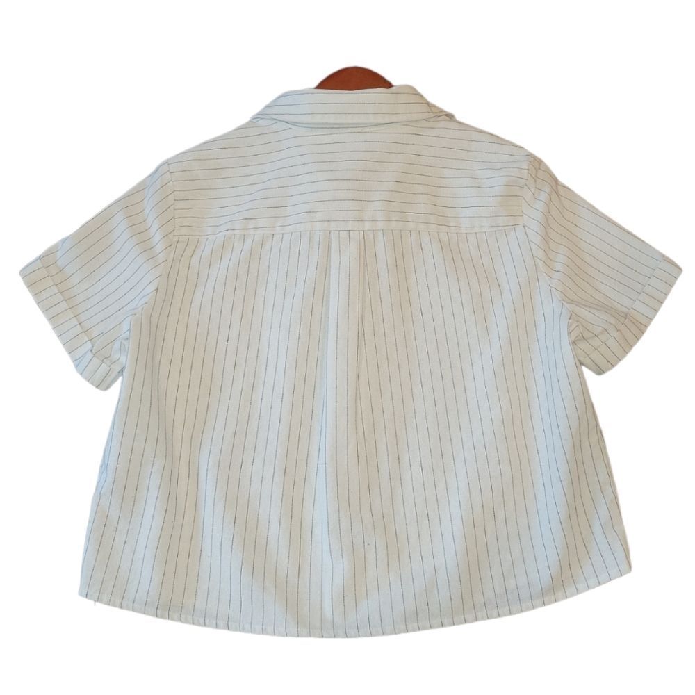 NWOT KITTENISH Short Sleeve Striped Cotton Hemp Tie Front Button Down Up Top L - Picture 6 of 14